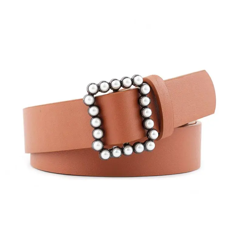 Leather Belt Women's Fashion Solid Color Belt Alloy Square Smooth Buckle Inlaid Rhinestone Decoration Sweet Style Belt Women - Цвет: Coffee