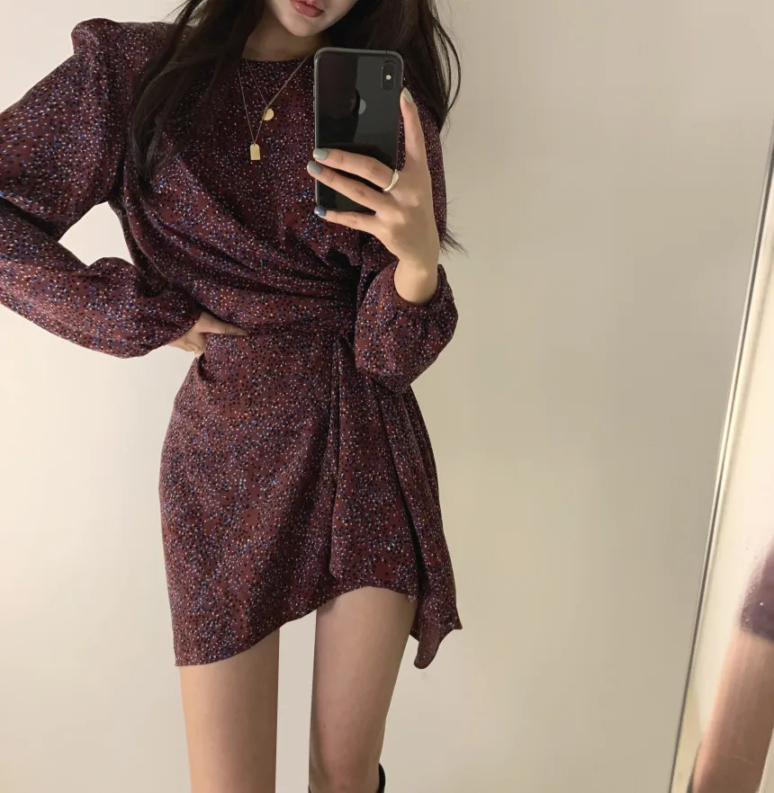 

2020 Korean Summer Vintage Elegant Long Sleeve A-Line Female Dresses Hem Party Dress Vestidos O-Neck Dots Print Women Dress