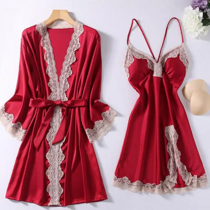 Twinset Robe Set Women Lace Kimono Bath Gown Bride Bridemaid Wedding Bathrobe&Spaghetti Strap Nightgown Sexy V-Neck Sleepwear