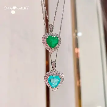

Shipei 925 Sterling Silver Heart Paraiba Tourmaline Emerald Created Moissanite Gemstone Wedding Fine Jewelry Pendant Necklace