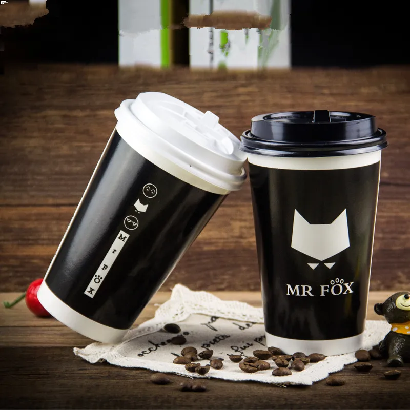 

500pcs Black White Disposable Coffee Cup Fox Pattern Creative Milk Tea Cold and Hot Drink Packaging Paper Cups With Lid