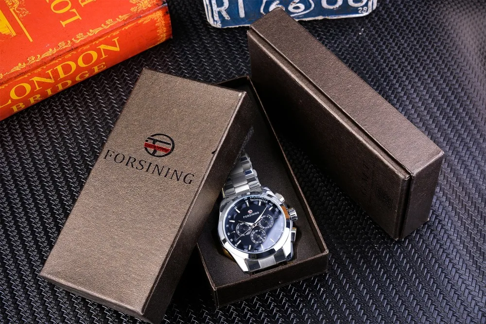 Мужские механические часы Forsining, черные, с 6 стрелками, с автоматическим подзаводом, серебро, нержавеющая сталь, ремешок, наручные часы, часы Relogio