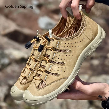 

Golden Sapling Outdoor Shoes Men Breathable Genuine Leather Mountain Hiking Boots Flexible Rubber Men's Sneakers Summer Trekking