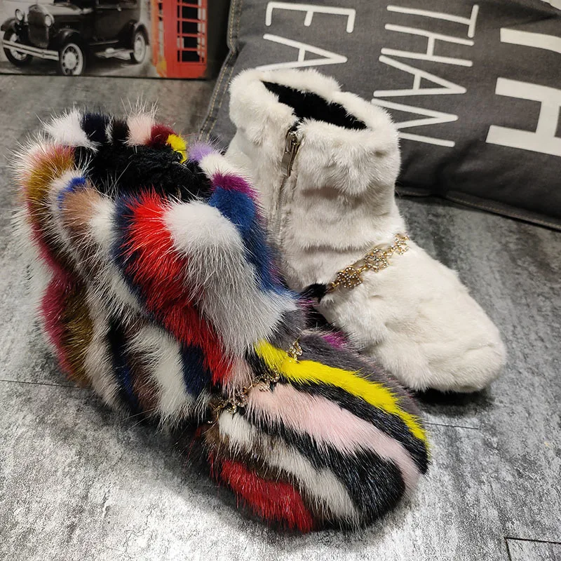 

Women Round Toe Real Mink Fur Rainbow Colors Ankle Boots 5G Rhinestones Crystal Warm Winter Fleece Liner Shoes 8Color Plus Size