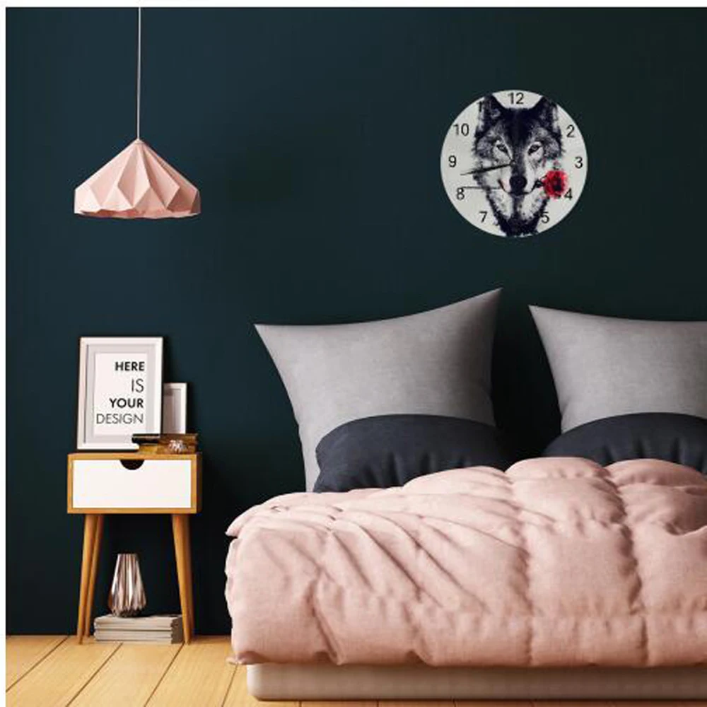 Wolf Pattern Wall Decor Clocks Numeral Digital Dial Mute No Ticking Sound Battery Operated Clock for Children's Playroom Bedroom