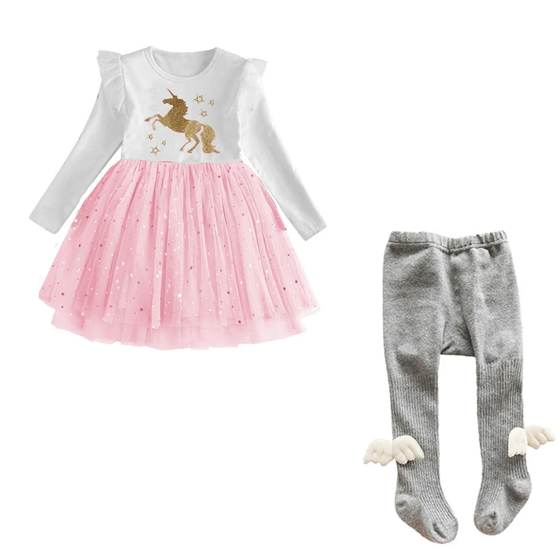 VIKITA/одежда для малышей с рисунком единорога; платье с длинными рукавами+ леггинсы с крыльями; колготки; костюм для девочек; комплекты одежды на осень и зиму - Цвет: LH4990-FYS01