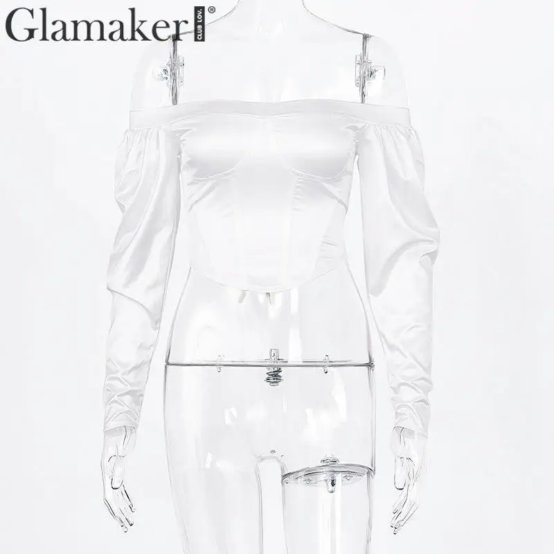 Glamaker винтажное платье с открытыми плечами белая блузка элегантный длинный женский с пышными рукавами Блузка Женская Осень Зима сексуальная вечерние клубная блуза