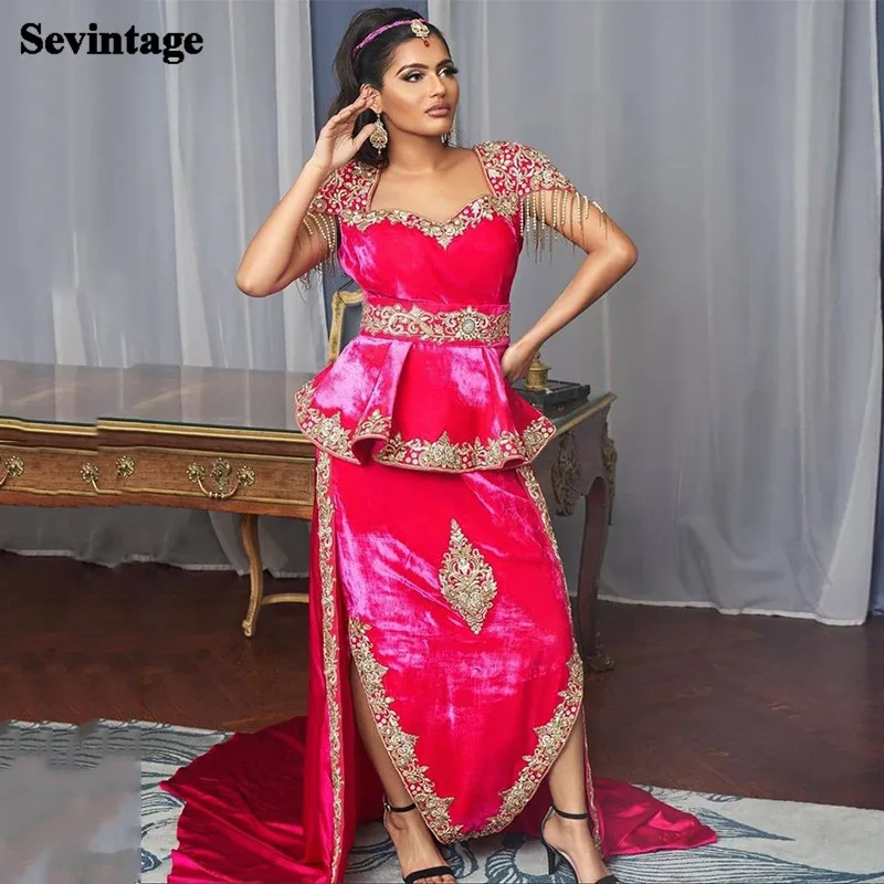 

Sevintage Velvet Karakou Algerian Outfits Evening Dresses Removable Train Pearls Cap Sleeves Appliques Lace Women Prom Gowns