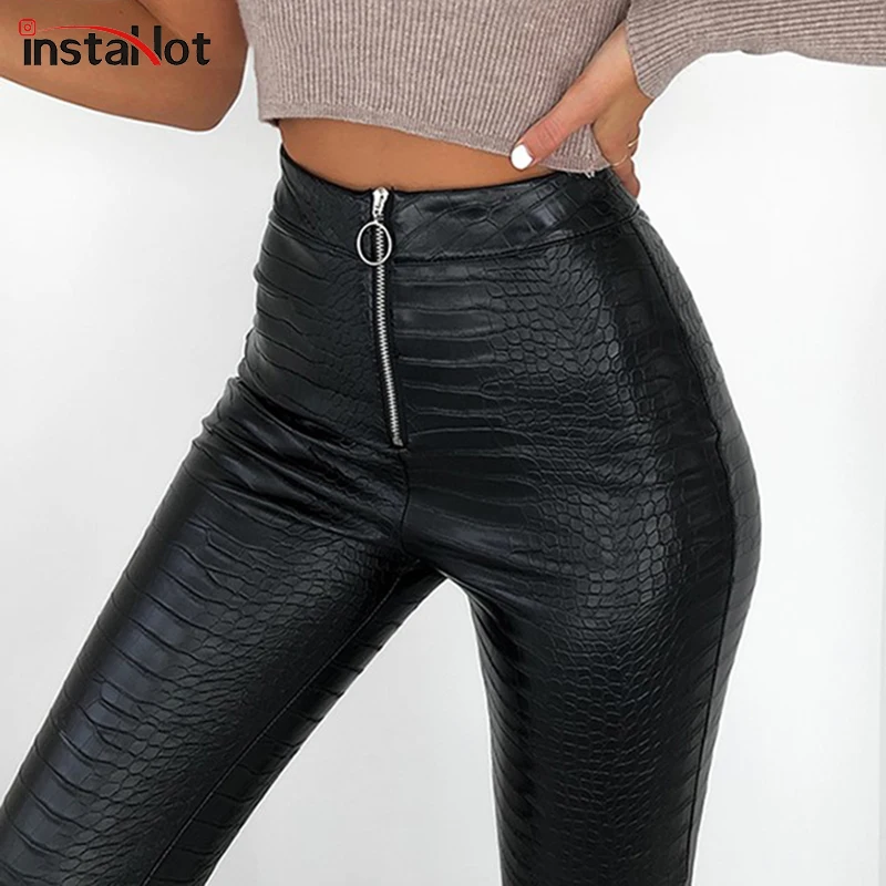 InstaHot, элегантные женские брюки из искусственной кожи с высокой талией, узкие брюки, офисные женские брюки, повседневные облегающие черные Капри