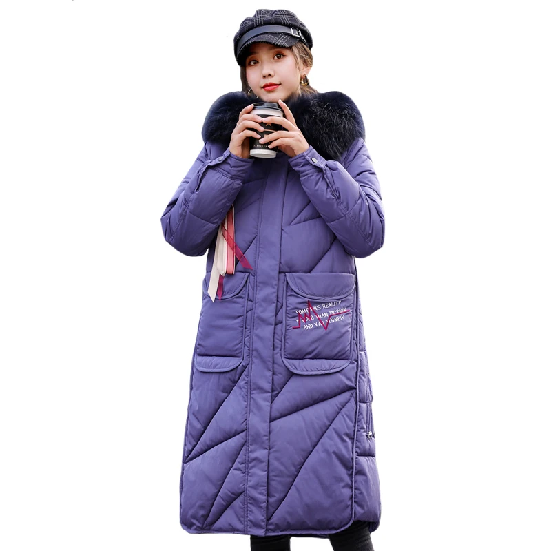 

Plus Size 5XL 2019 New Winter Jacket Women Long Coat Fashion Letter Embroidery Cotton Padded Big Fur Collar Casual Long Parka