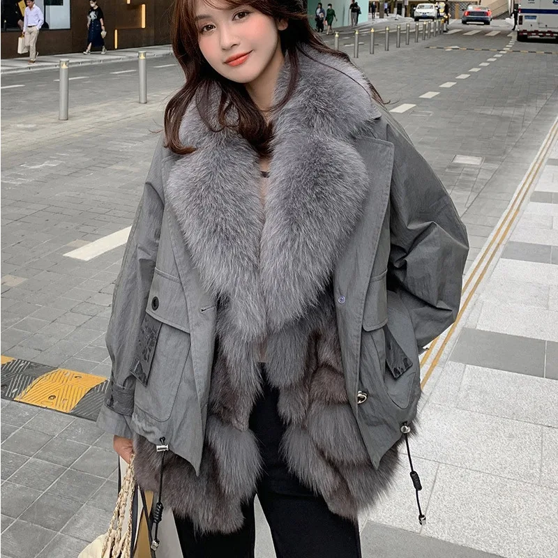 DEAT 2021 new winter fashion warm real fox natural fur removeable vest and trench coat two pieces quality WP072