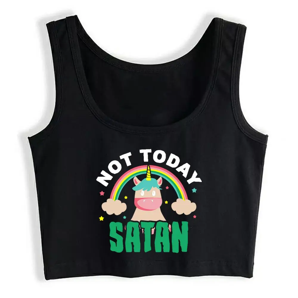 Кроп Топ женский Not Today Satan христианской Радуга Единорог подходит надписи принт