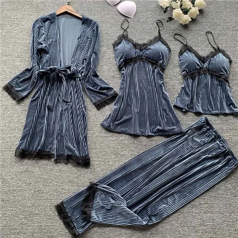 

Gold velvet 4 pieces pajamas women sleepwear warm winter pajamas sets sexy lace robe loungewear with chest pad home service