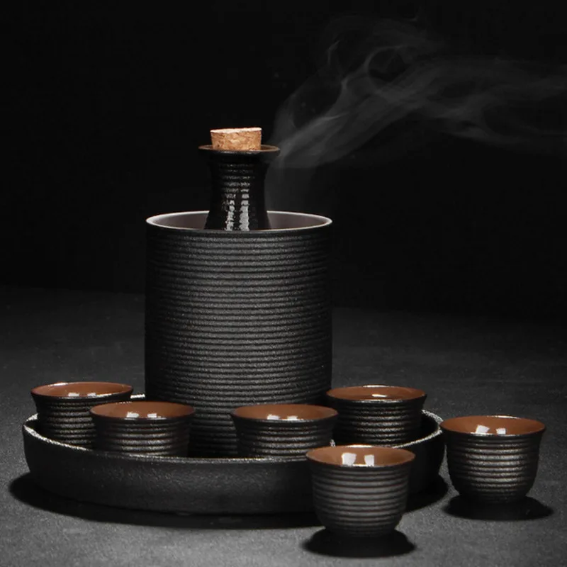 Japanese Style Ceramic Sake Pot Cup Set Black Pottery Liquor Wine Bottle Cups Tray ceramic sake set