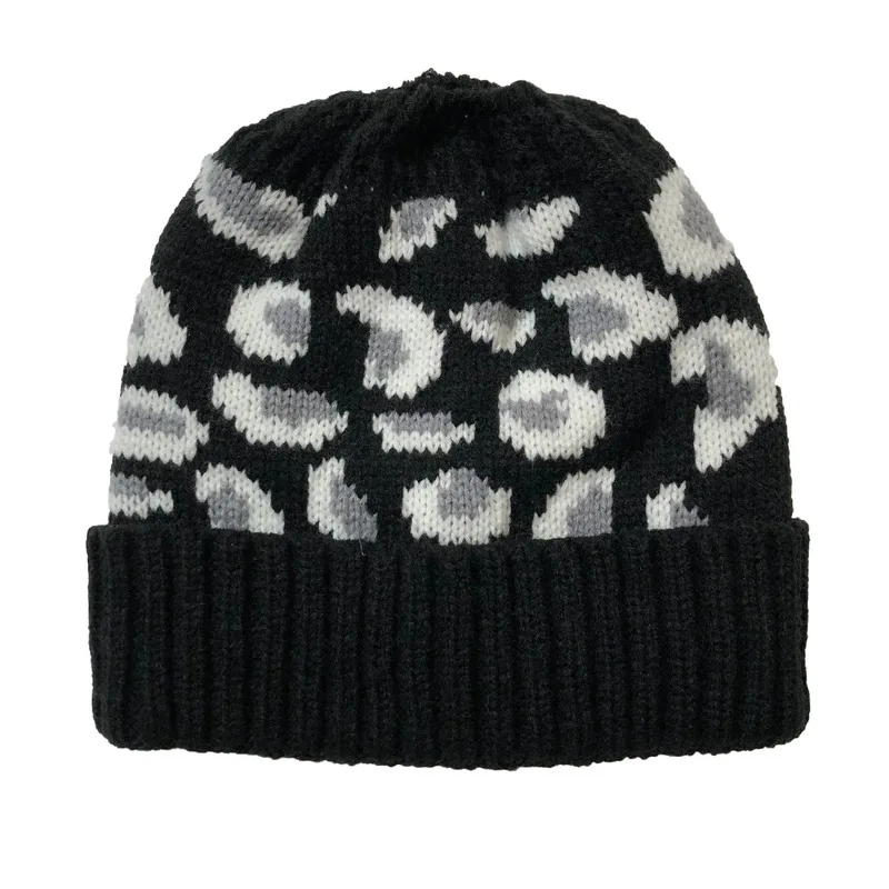 Women Casual Knitted High Ponytail Beanie Hat Lady Autumn Winter Cap Leopard Print Fashion Thick Warm Female Outdoor Sport Hats 6