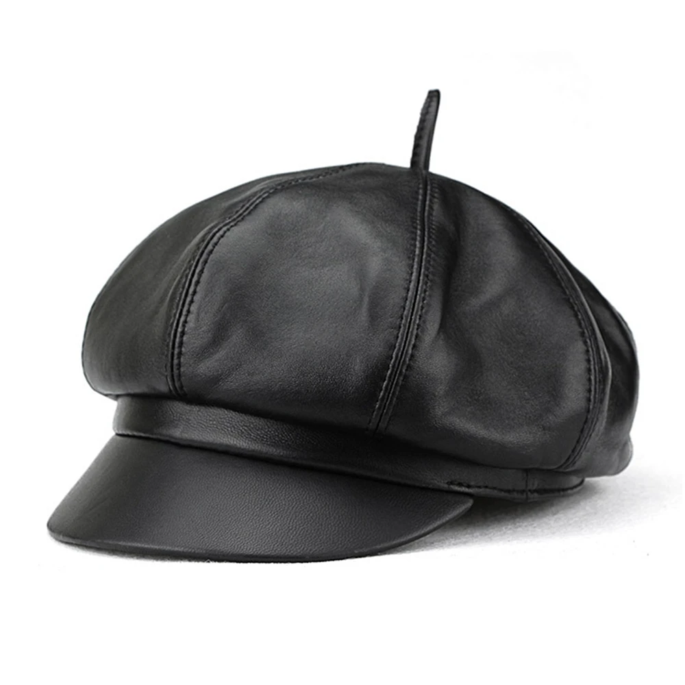 LA SPEZIA Leopard Newsboy Cap Winter Hats for Women Genuine Leather Painter Hat Real 100% Sheepskin Autumn Winter Ladies Beret
