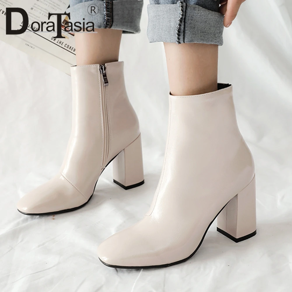 

DORATASIA Plus Size 33-45 Ladies Fashion Patent PU Booties Winter Warm Fur Ankle Boots Women Chunky High Heels Shoes Woman