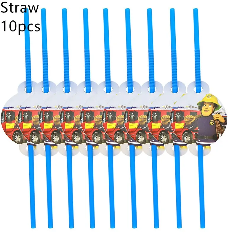 Straws 10pcs Бумажная тарелка пожарного Сэма из мультфильма, вечерние принадлежности пожарного, одноразовые столовые приборы на день рождения, Рождество - Цвет: Straws 10pcs