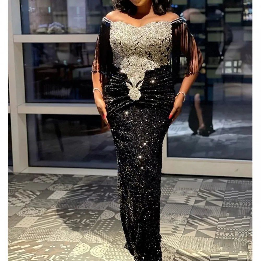 african style clothing Nigerian African Women Dress Fashion Velvet Hot Rhinestone V-neck Flared Sleeve Robe Elegant Gown Black Maxi Dress Vestido Longo Africa Clothing