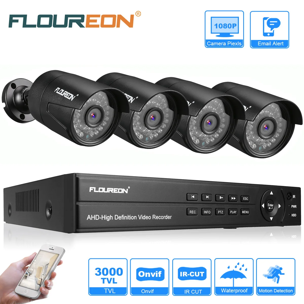 Floureon A6808MH ip-камера 1 X 8CH 1080P HD 1080N AHD DVR 4 X Открытый 3000TVL 1080P 2.0MP комплект камер безопасности для умного дома