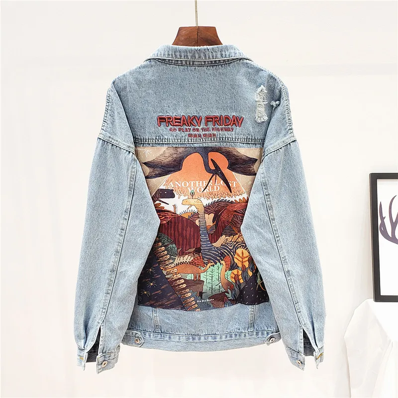 

2020 New Autumn Funny Cartoon Print Long Sleeve Denim Jacket Women Vintage Streetwear Punk Style Jean Jacket casaco feminino 356