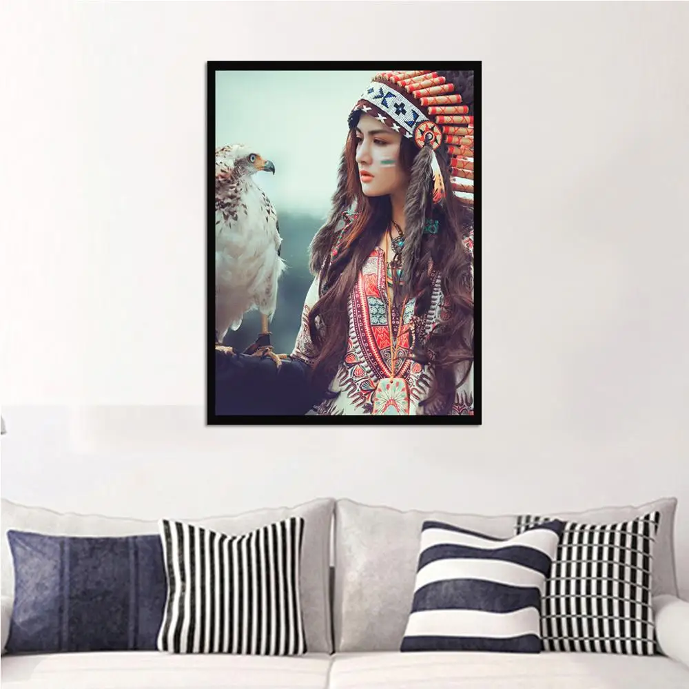 

Native Indian Girl and Eagle Canvas Oil Painting Beauty Wall Art Poster for Living Room Home Decoration Paintings