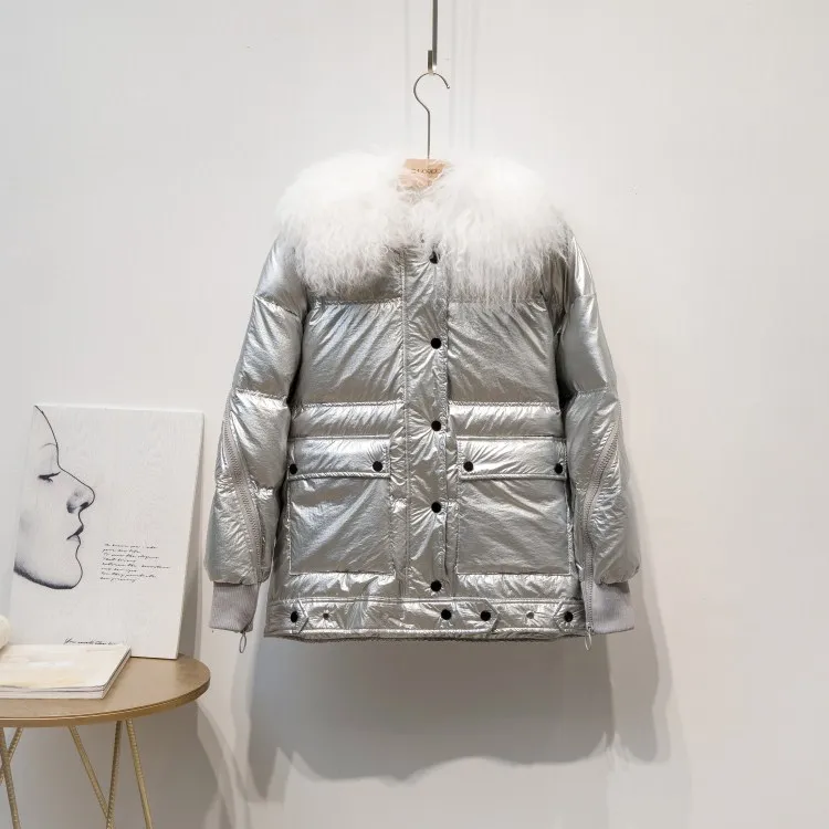 Dongdaemun, корейский стиль, женский пуховик, короткий, стиль, серебряный, яркий, поверхностный стиль, женское платье, большой меховой воротник