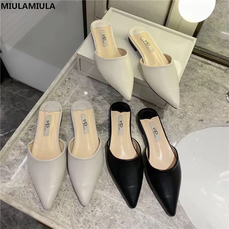 MIULAMIULA Brand Designers 2020 Korean New Fashion Shallow Point Toe Flat Leather Slippers Lady Slip On Loafers Mules Flip Flops | Обувь