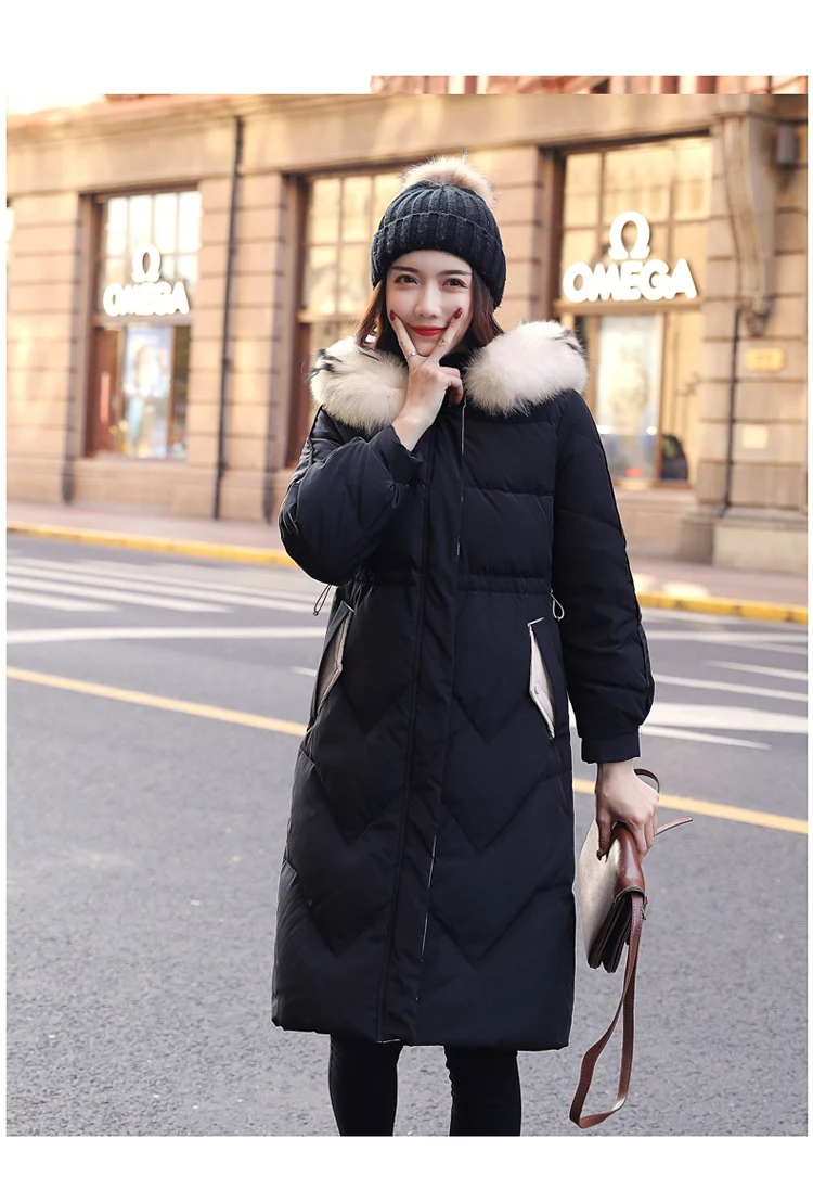 Fashion Long Sleeve Mid-length down Jacket Winter Hooded Zipper Hooded Casual