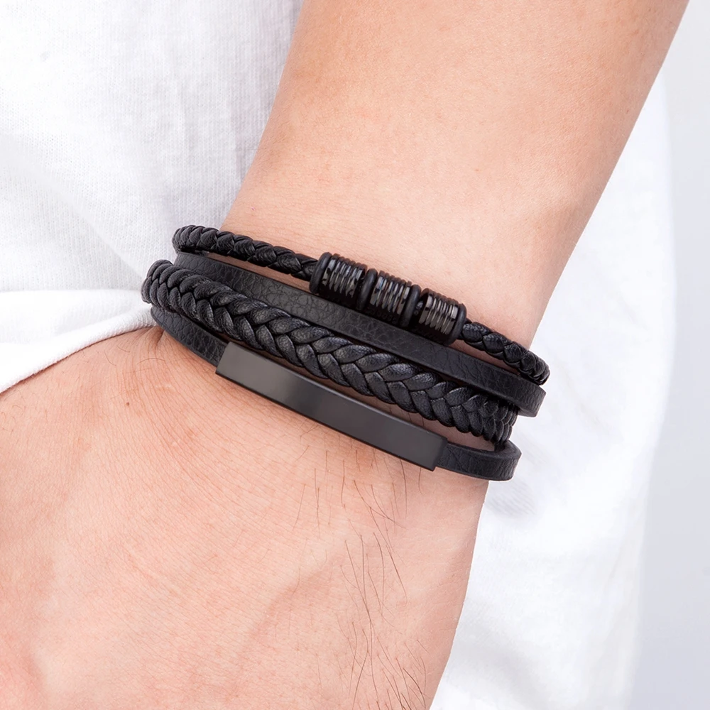 Hand-woven Multi-layer Combination Accessory Stainless Steel Men Leather Bracelet - Image 2