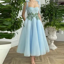 

Verngo 2021 Light Blue Short Prom Dresses Straps Tied Sweetheart Crystal Waist Party Gowns Ankle Length Formal Homecoming Dress