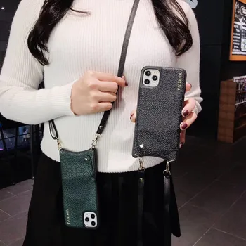 

Crossbody card case mobile phone case for iphone 11 pro max X XR Xs max 8 7 6s plus cover with Adjustable long PU leather chain