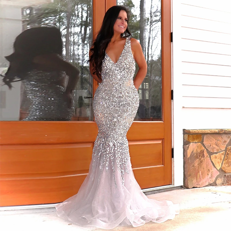 grey fishtail prom dress