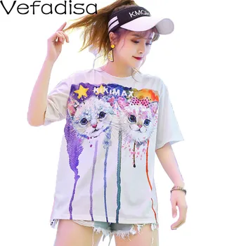 

Vefadisa Summer Cartoon Print T-shirt Women 2020 Sequin Short Sleeve T-shirt Loose O-Neck T-shirt White Tide Brand QYF1643