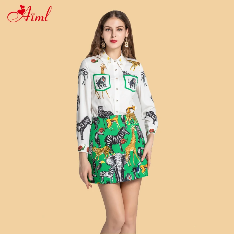 

Designer Female Set 2020 Summer Spring White Pocket Long sleeve Shirt + Green Skirt Mini Animal Printed Suit High Quality New