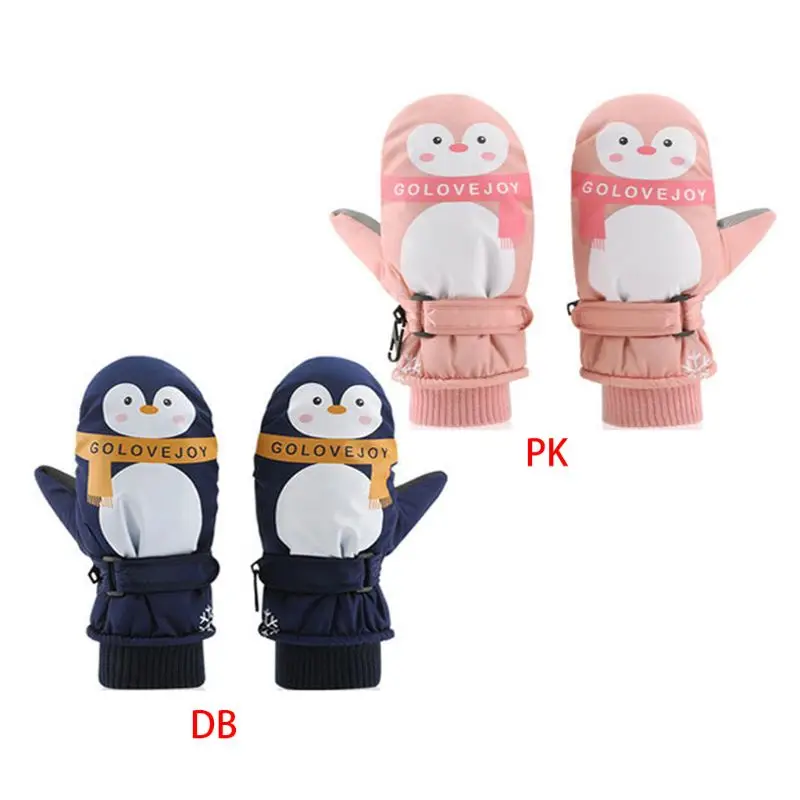 Детские Водонепроницаемые перчатки с рисунком пингвина для мальчиков и девочек, двухслойные ребристые манжеты, регулируемые противоскользящие зимние лыжные варежки, От 7 до 12 лет