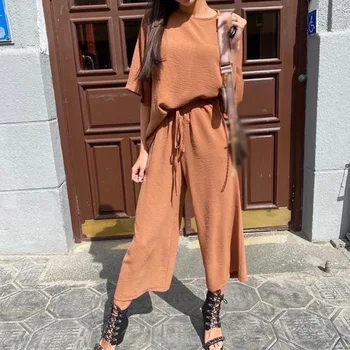 

Autumn Casual Tracksuit Women's Set 2 Pieces Sets Half Sleeve Loose T-shirts Female Suit Solid Streetwear Long Pants Lady Suits