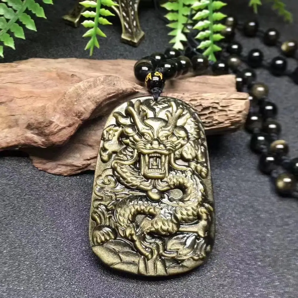 

Genuine Natural Gold Obsidian Flash Light Gemstone Pendant 63x44mm Big Carved Dragon Necklace Drop Shipping AAAAA
