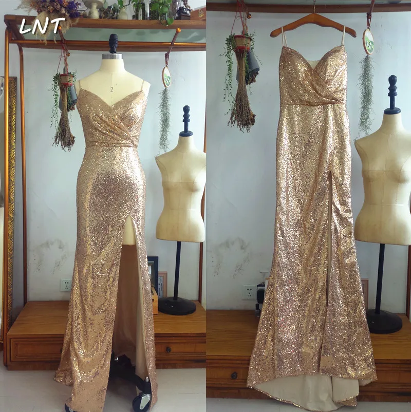 

Spaghetti Straps Champagne Gold Sequin Prom Dresses with Slit Long Evening Gowns Real Photos