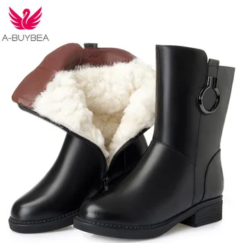 

High-end Full Genuine Leather Full Wool Winter Shoes Woman Ankle Boots Snow Boots Plus Size 43 Leather Boots Knight Boots