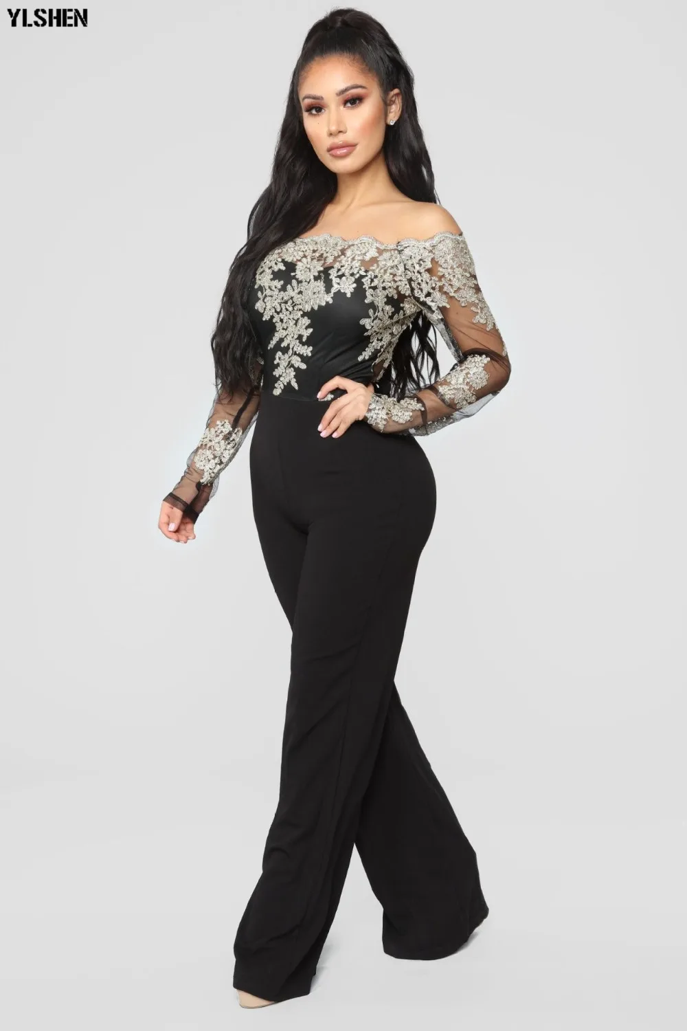Women Jumpsuit Sexy Lace Ladies Jumpsuits Party Casual Wide Leg Overalls Off Shoulder Long Sleeve Romper Skinny Rompers Trousers 21