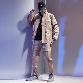 

Military Casual Men Tracksuit Zipper Loose Khaki Long Sleeve Men Jacket Street Hip Hop Mens Sports Suits New Large Size B60