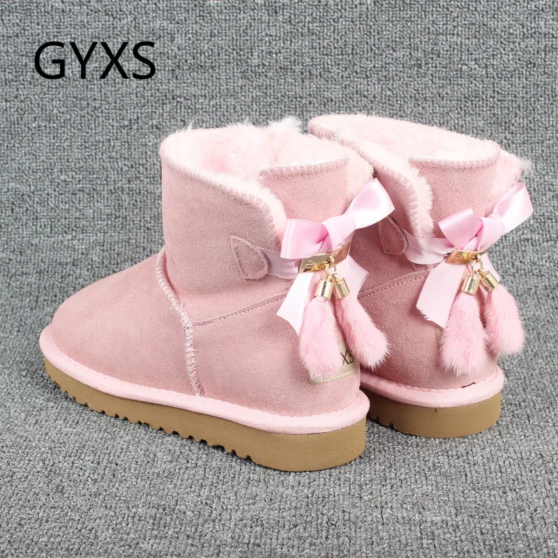

2019 new GYXS Snow Boots Winter 2019 Buffalo mink hair bowed low-barrel boots