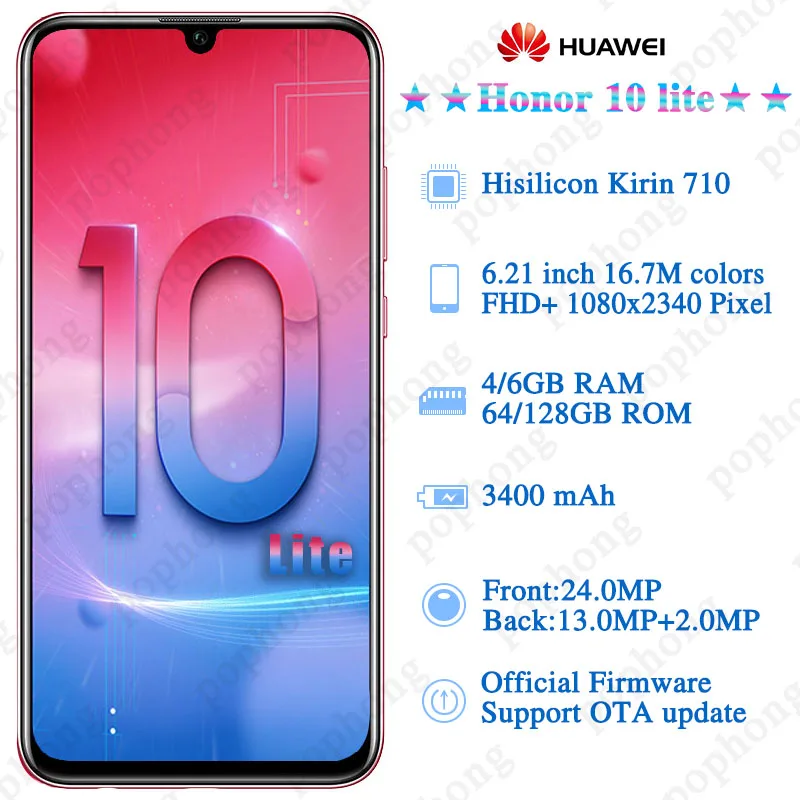 HONOR 10 Lite, мобильный телефон, 6,2 дюймов, 2340X1080, полный экран, 4 ГБ/6 ГБ ОЗУ, Android 9,0, 24 МП, AI камера, сканер отпечатков пальцев, смартфон
