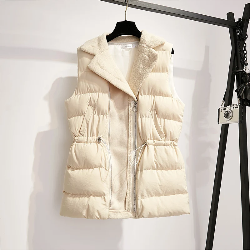 Apricot XL-5XL размера плюс женский зимний жилет Модный меховой отложной воротник пэчворк без рукавов Свободный Повседневный жилет - Цвет: Apricot