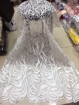 

Pure white sequin lace fabric Gold wire material african french net lace tulle fabric 2020 high quality evening dress 5yards/lot