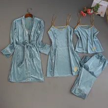 Осень-зима, женские пижамные комплекты из 4 предметов, бархатная одежда для сна, ночная Пижама с вышивкой на тонких лямках, Пижама для отдыха