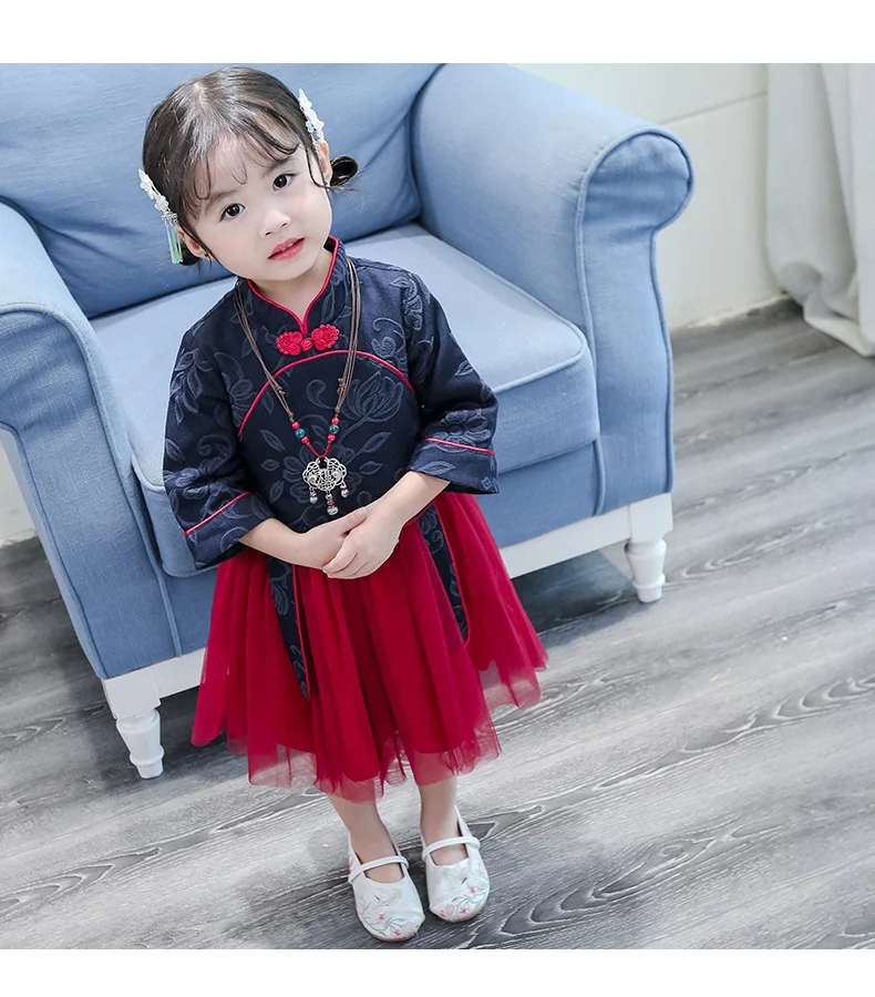 Новая осенняя одежда для детей традиционный хит цвет Китайский сеточка, вышитая цветами для девочек; Пышное Платье с ожерельем для девочек