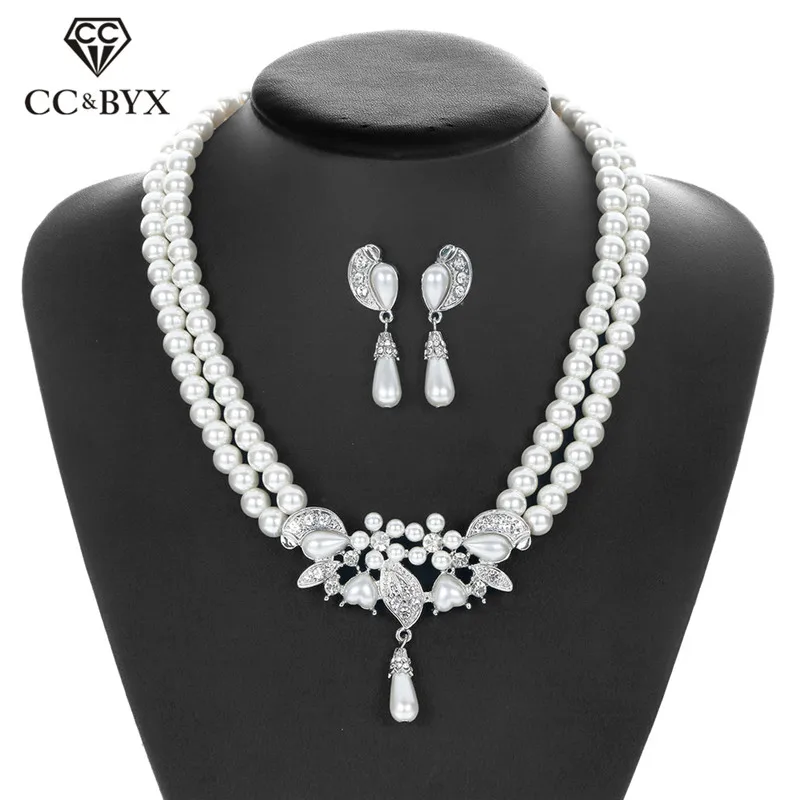 CC Jewelry Sets Stud Earring and Necklace Fashion Pearl For Bridal Women Party Wedding Accessories Crystal Luxury Style D009