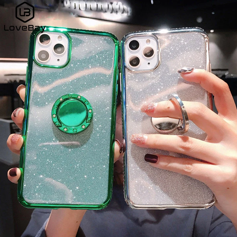 

Lovebay Diamond Ring Holder Phone Case For iPhone 11 Pro 7 8 6 6s Plus X XR XS Max Glitter Paper Silicone Soft TPU Back Cover